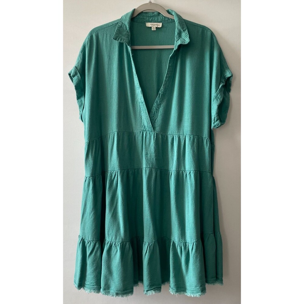 Umgee USA Tiered Mini Dress Teal Green Linen Cotton Boho Raw Hem XL